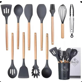 Jogo de Cozinha Kit com 12 Peças de Silicone Utensílios e Copo Suporte para Cozinha Cabo de Madeira