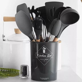 Jogo de Cozinha Kit com 12 Peças de Silicone Utensílios e Copo Suporte para Cozinha Cabo de Madeira